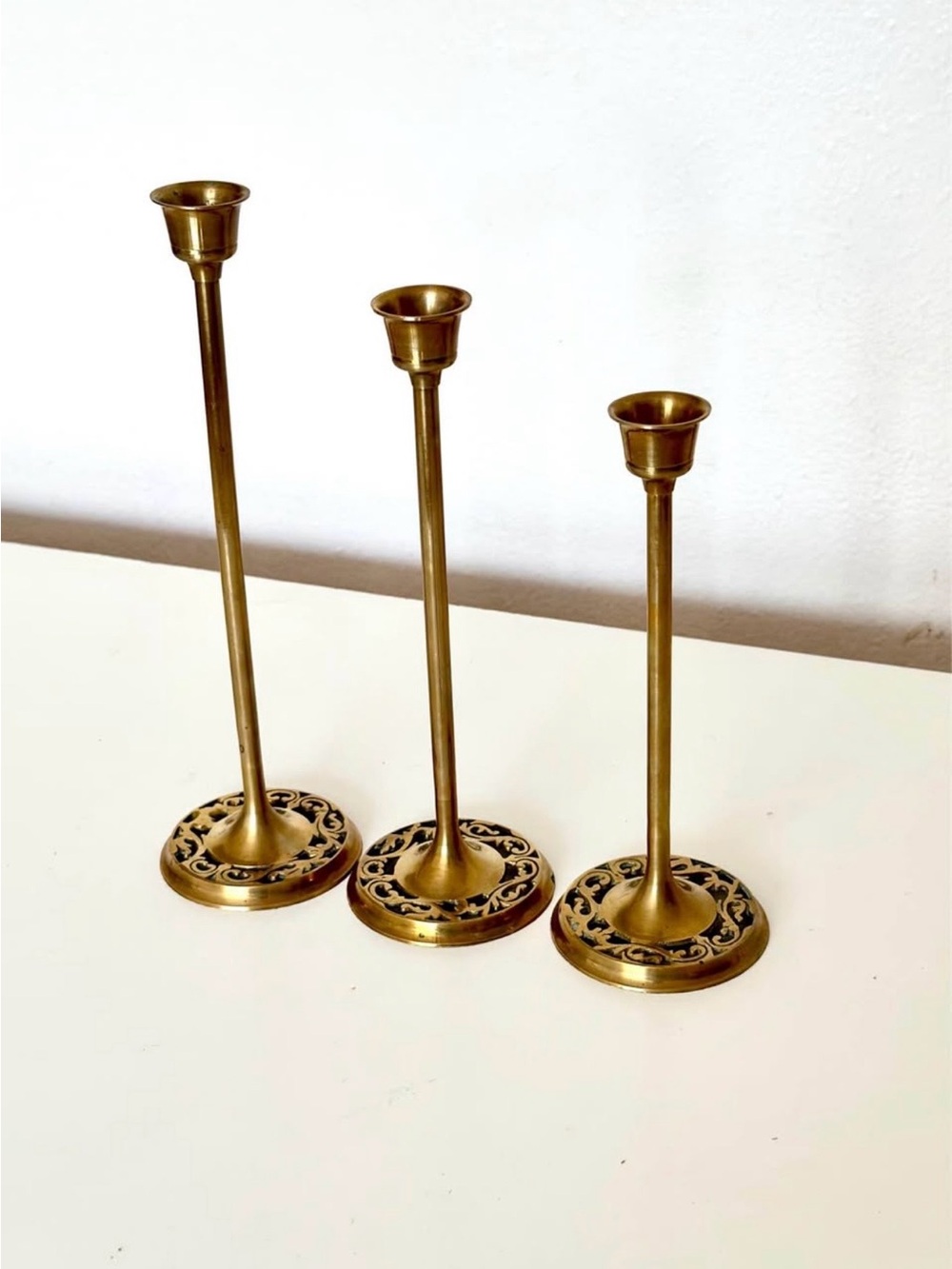 Vintage Brass Etched Bass Candlestick Holders Set of 3 Graduated Tall Taper